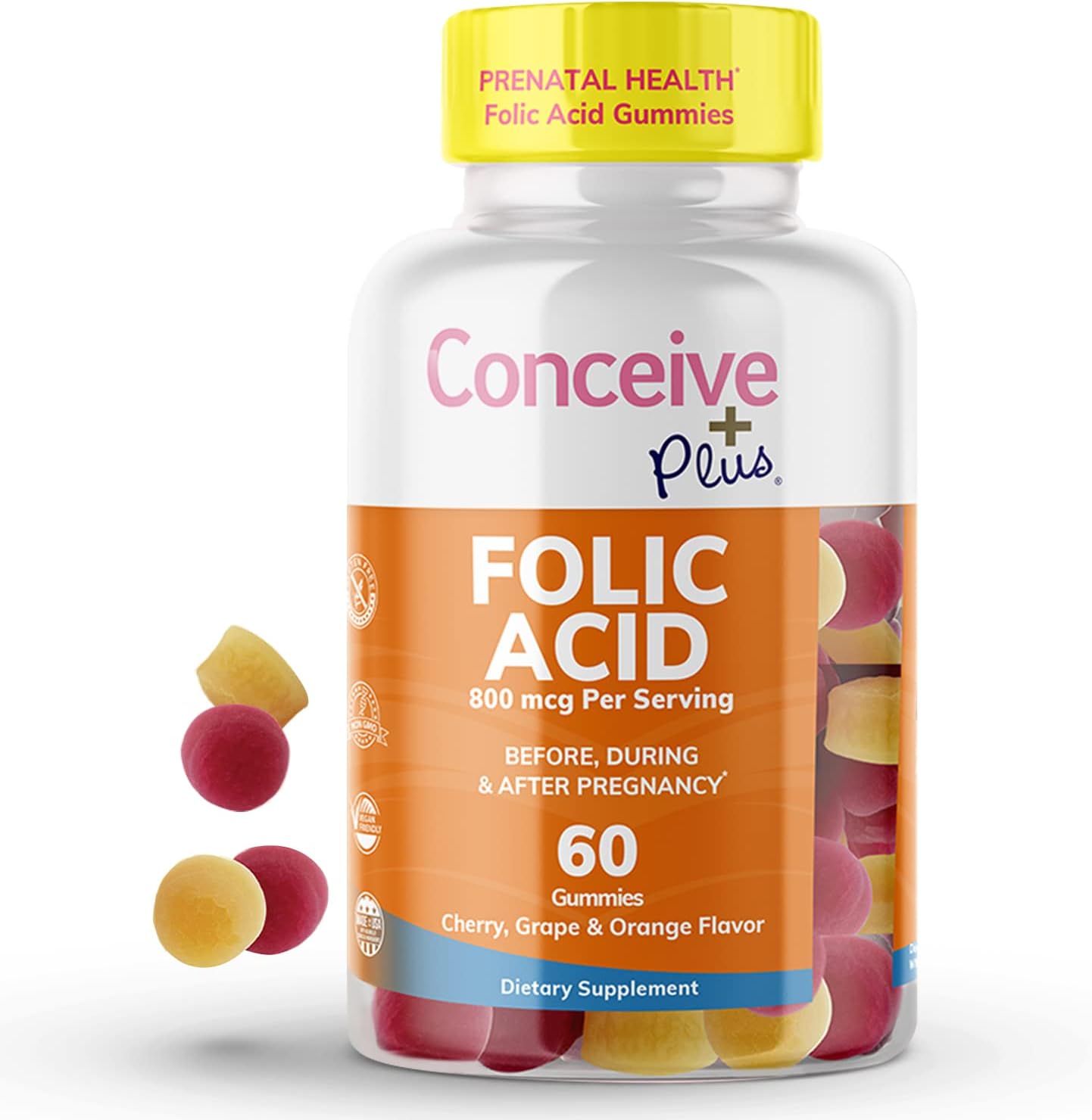 Conceive Plus Folic Acid Gummies - 800mcg Folate Supplement for Women - Natural Chewable Gummy - 60 Count - Non-GMO - Fruit Flavors