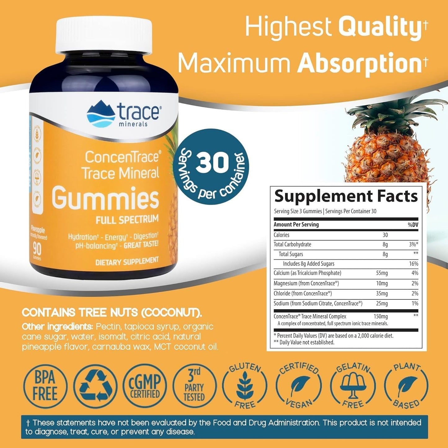 ConcenTrace Chewable Gummies with Trace Minerals for Energy & Joint Support - Natural Pineapple Flavor - 90 ct