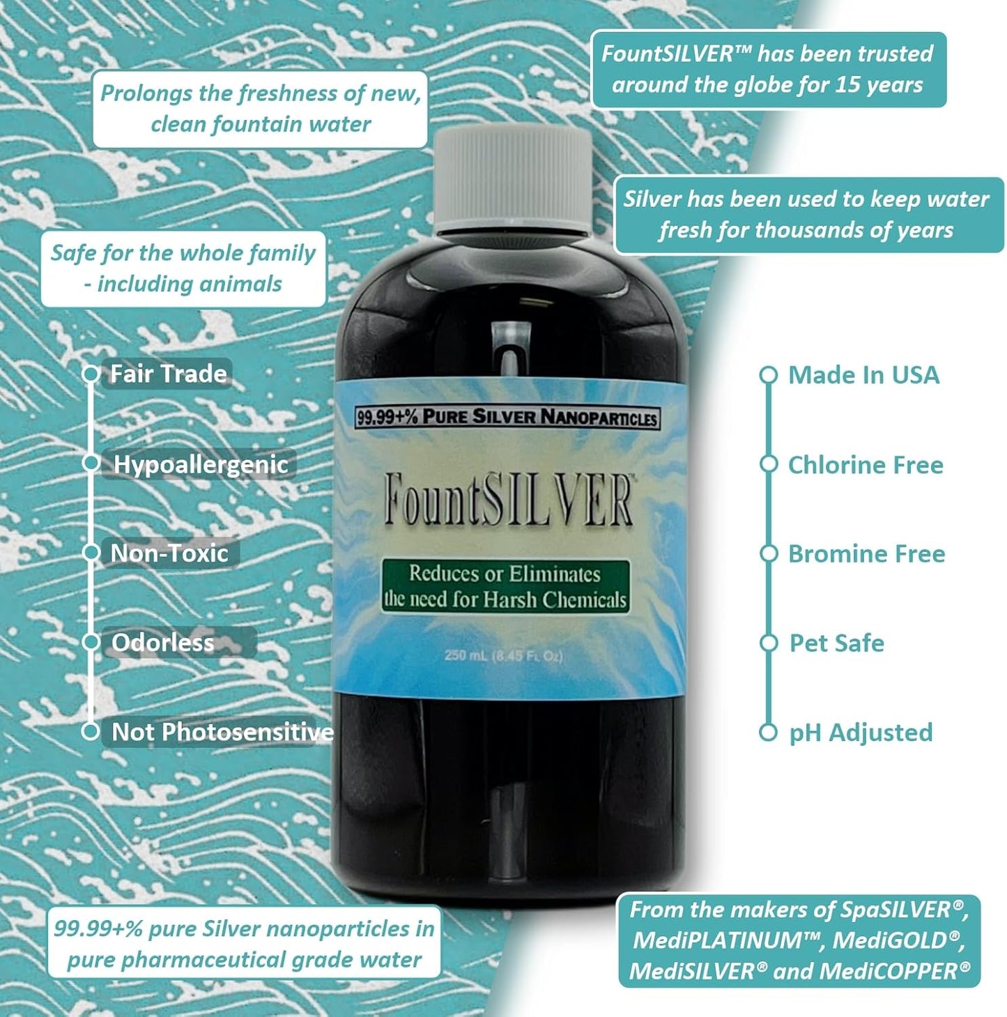 Concentrated True Colloidal Silver Water Treatment - 250 mL (8.45 Fl Oz) Amber BPA-Free Bottle - Nutraneering FountSILVER Fountain
