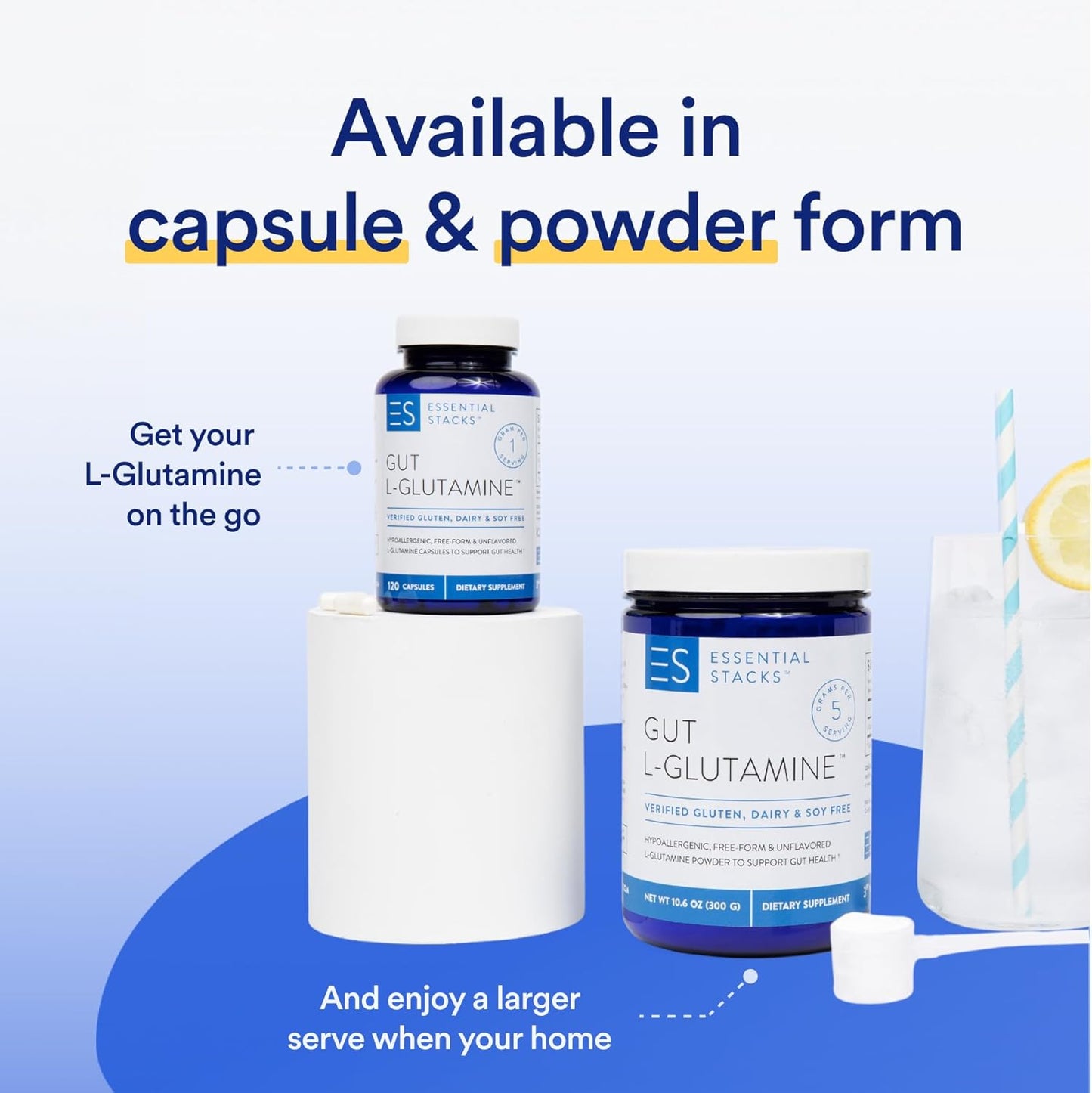 Convenient L-Glutamine Bundle - Includes Powder & Capsules for Home and Away