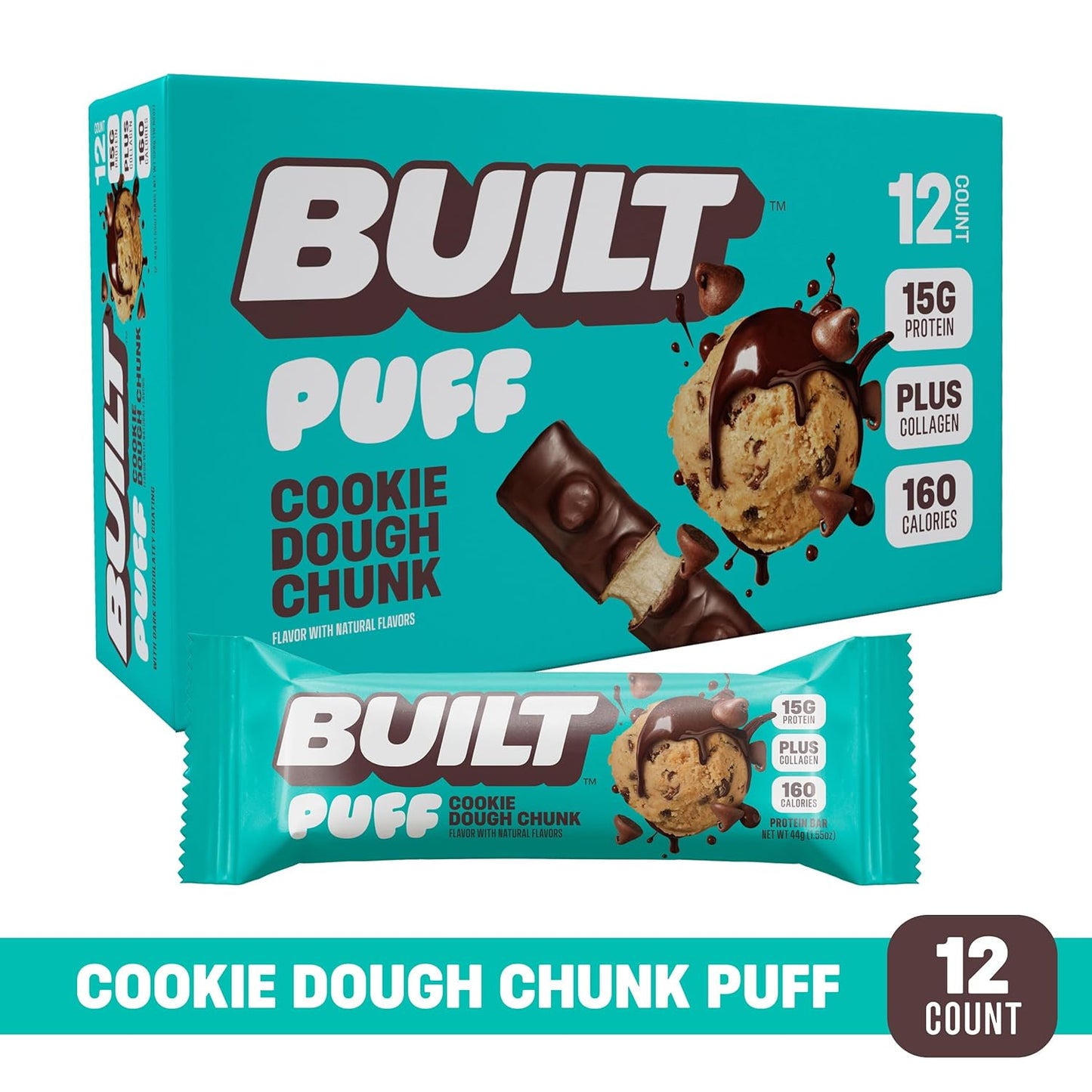 Cookie Dough Chunk Puff Protein Bars - 15g Protein, On-The-Go Snacks (12 Count)