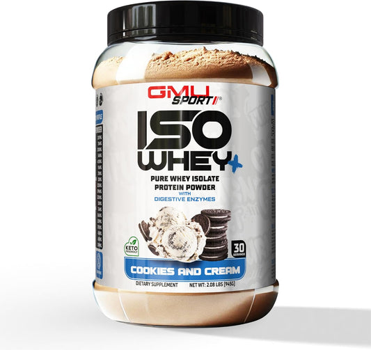 Cookies and Cream GMU SPORT ISO Whey Protein Powder - 100% Whey Isolate - 2lb, 30 Servings - 26g Protein, Amino Acids, Digestive Enzymes, BCAA's, Collagen Peptides
