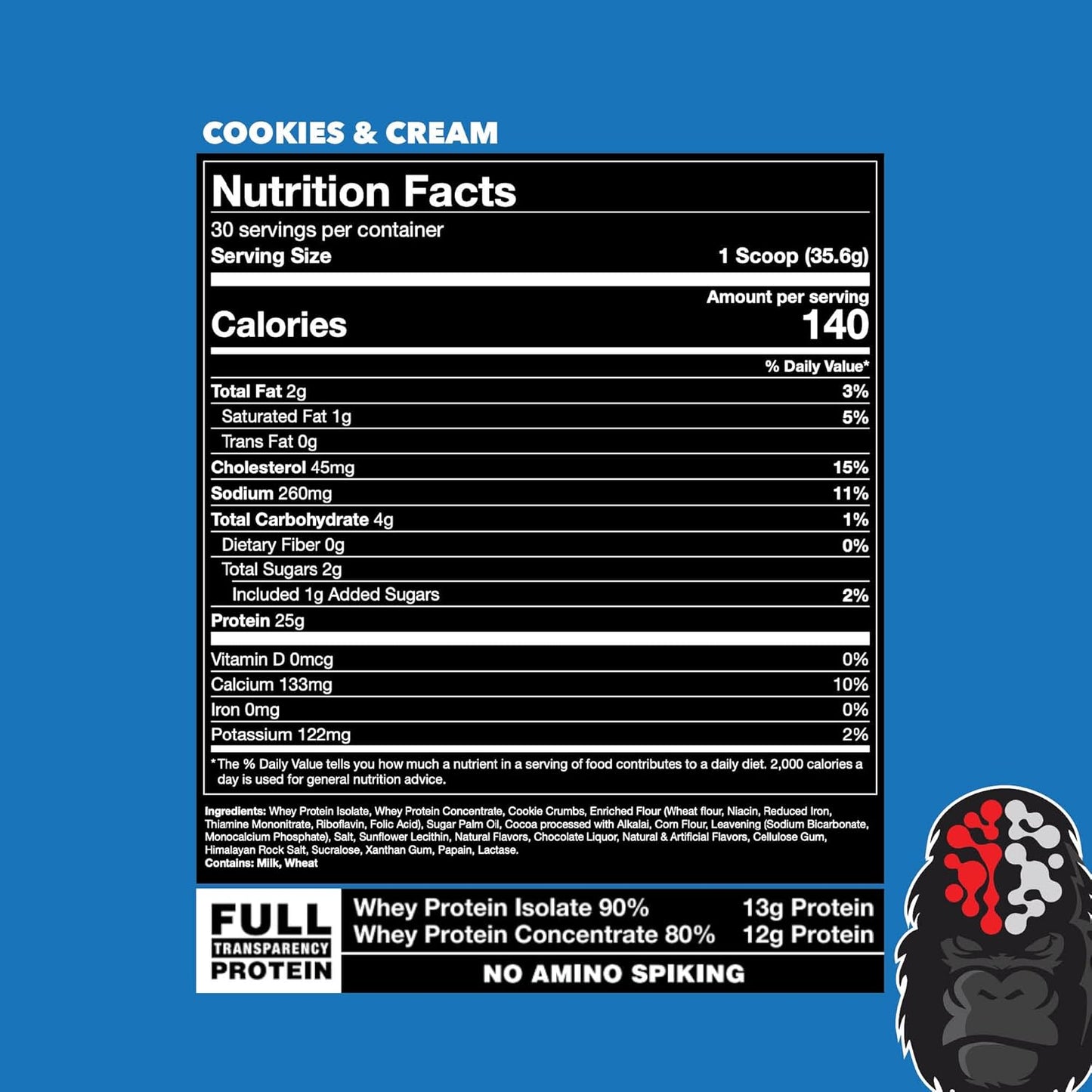 Cookies and Cream Gorilla Mind Premium Whey Protein: 25g Whey Isolate & Concentrate for Muscle Recovery and Growth (30 Servings) - BoostGo Australia
