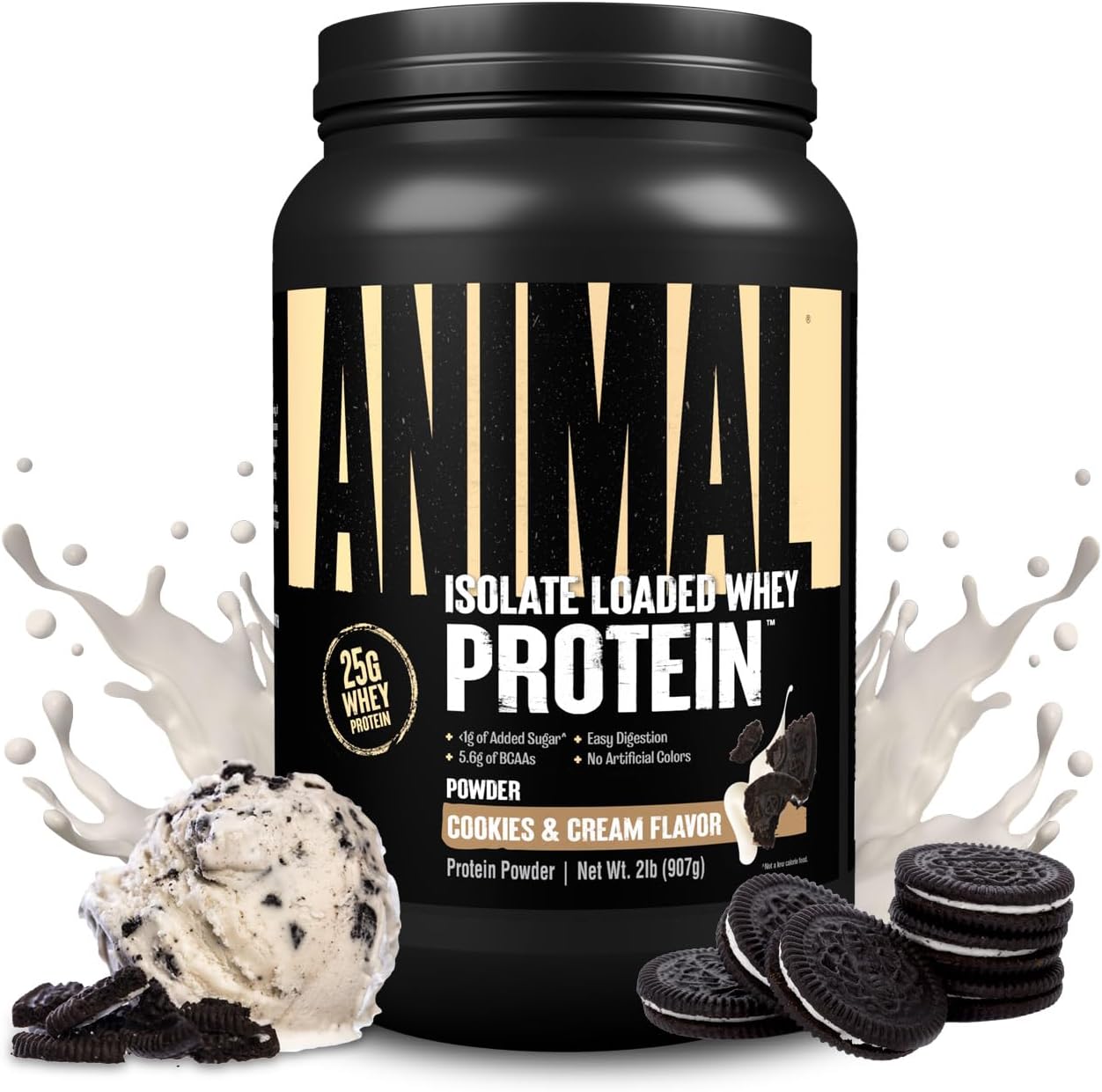 Cookies & Cream Animal Whey Isolate Protein Powder - 25g Protein, Low Sugar, Digestive Enzymes - Muscle Builder & Recovery for Men & Women - Ideal for Pre & Post Workout - 2 lbs