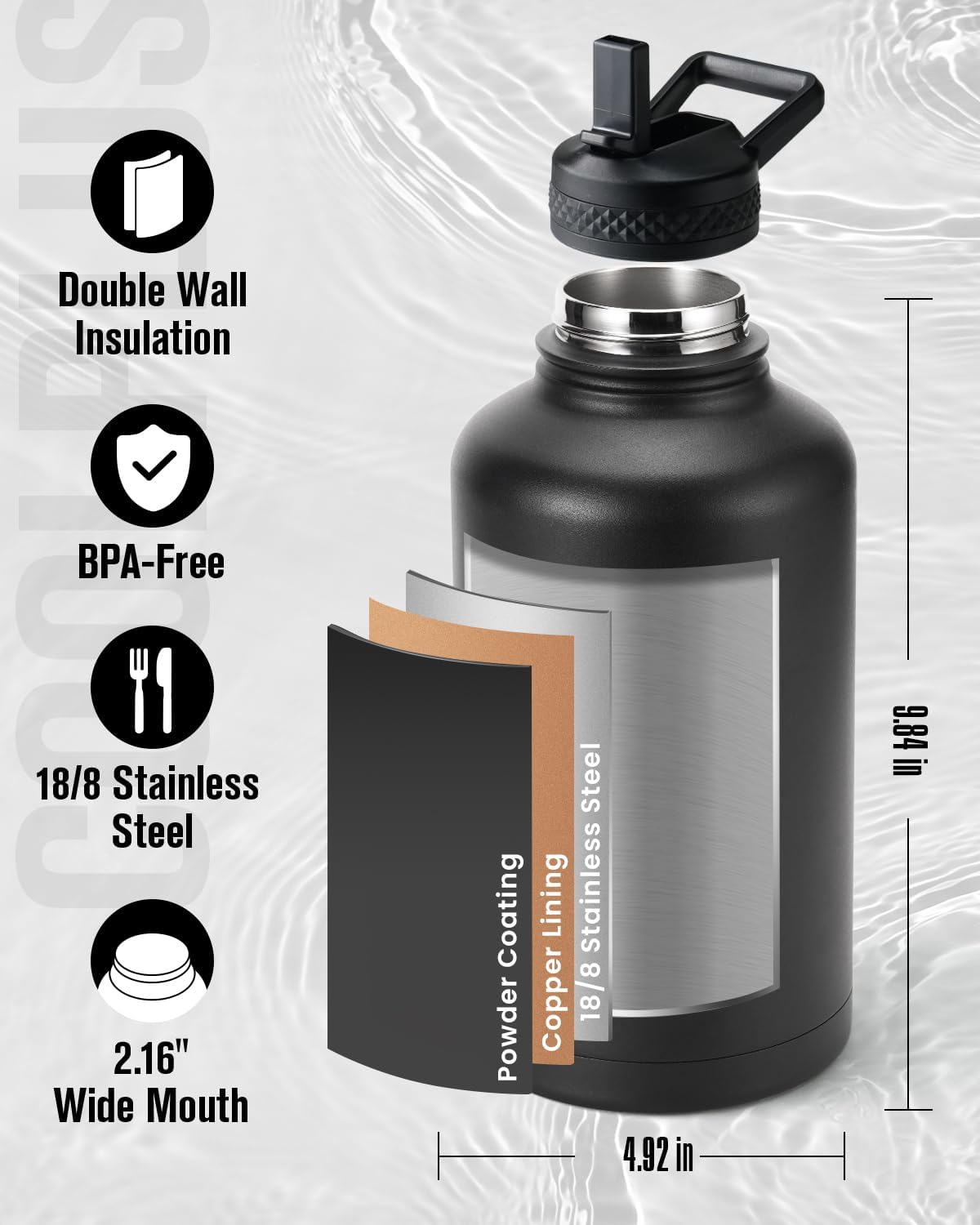 Coolplus 64 oz Insulated Stainless Steel Water Bottle with Straw - Leakproof Double-Walled Vacuum Flask - Keeps Cold for 48 Hrs, Hot for 24 Hrs - Includes Carry Sleeve - Black