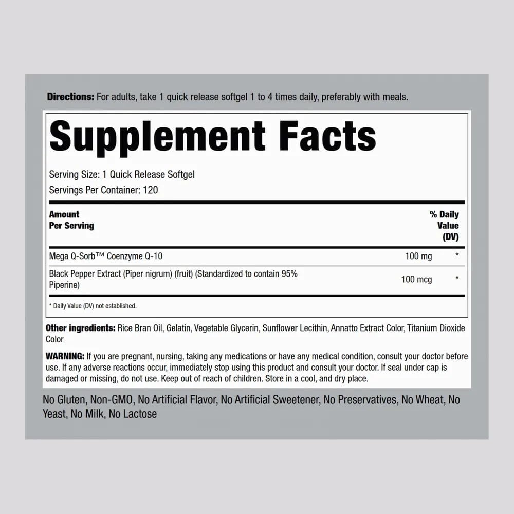 CoQ10 100mg Softgels with Black Pepper Extract - 120 Count | Non-GMO, Gluten Free Supplement by Piping Rock