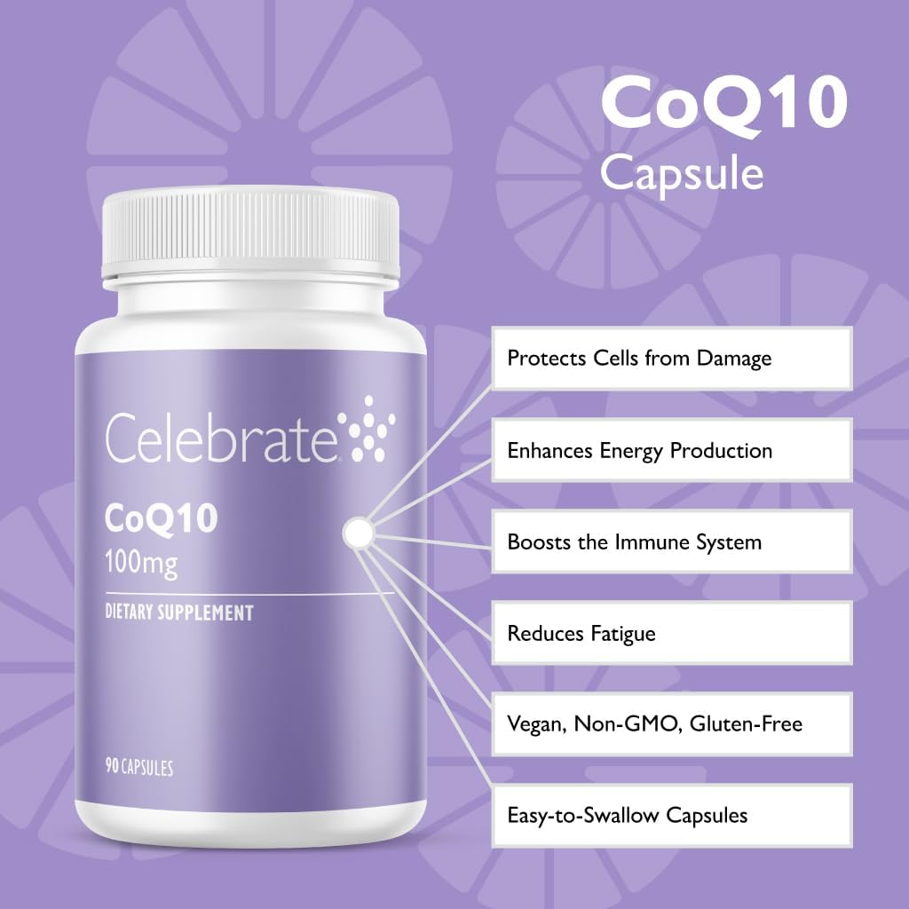 CoQ10 100mg Supplement for Heart, Brain Health & Energy - Gluten Free, Non-GMO - 90 Capsules by Celebrate Vitamins