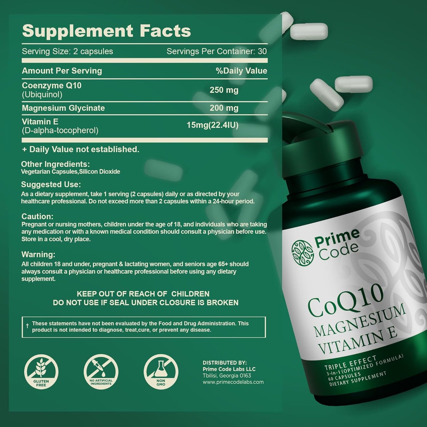 CoQ10 250mg Capsules with Magnesium Glycinate, Vitamin E, Psyllium Husk, and Vitamin C
