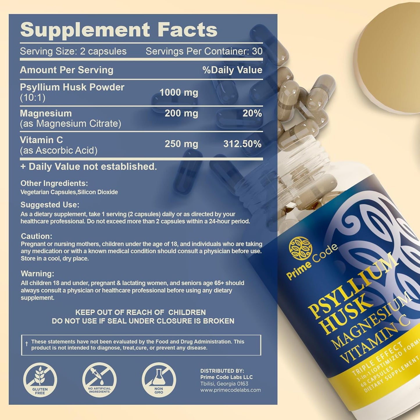 CoQ10 250mg Capsules with Magnesium Glycinate, Vitamin E, Psyllium Husk, and Vitamin C