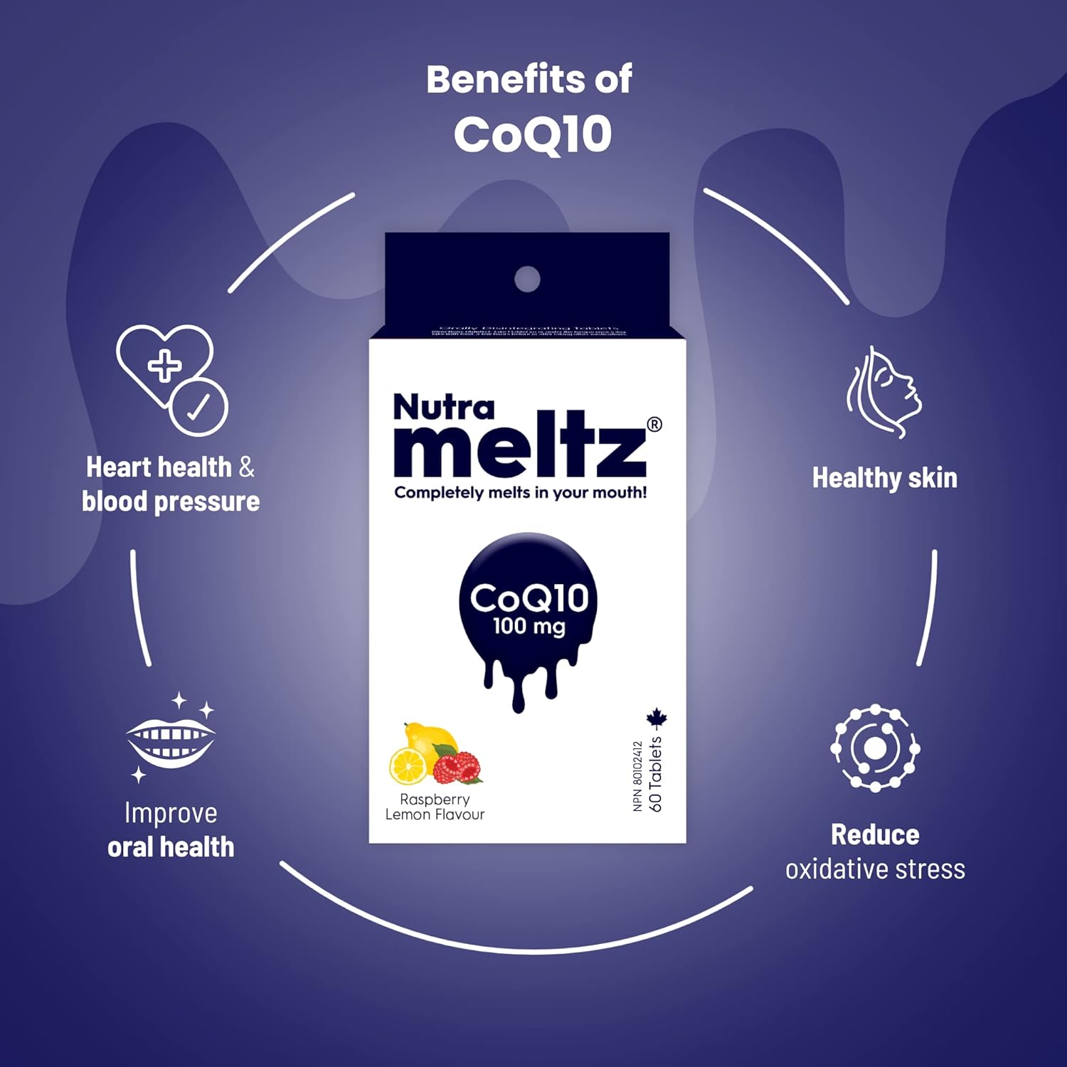 CoQ10 Nutra Meltz Tablets 100mg for Heart Health & Energy - Raspberry Lemon Flavor, 60 Quick Dissolving Tablets