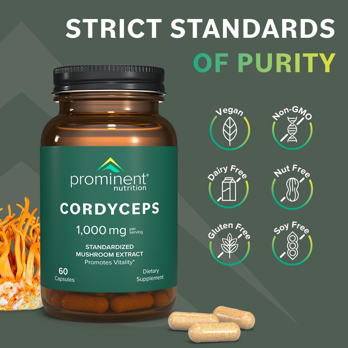 Cordyceps Mushroom Capsules 1000mg - 60 Count, Promotes Vitality, Nutrient-Rich Mushroom Supplements