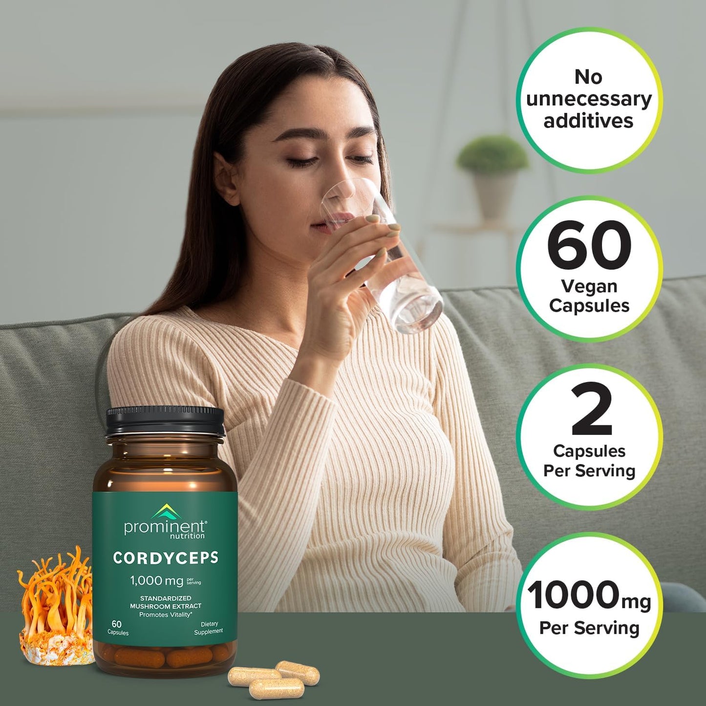 Cordyceps Mushroom Capsules 1000mg - 60 Count, Promotes Vitality, Nutrient-Rich Mushroom Supplements