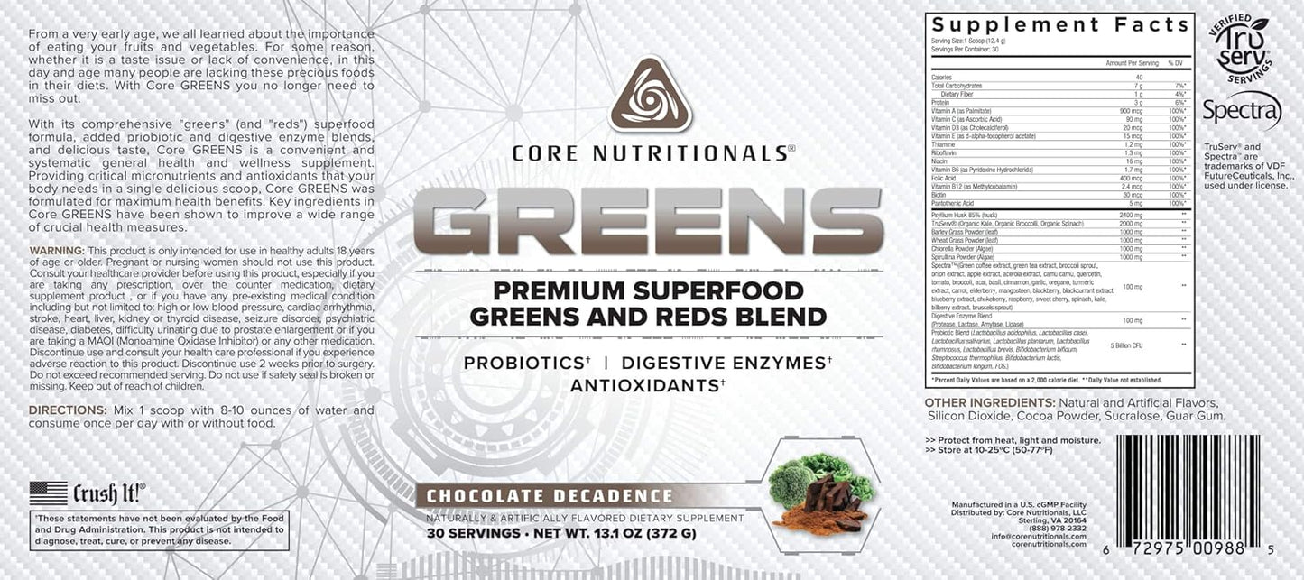 Core Nutritionals Greens Platinum Superfood Blend with Probiotics - Chocolate Flavor, Supports Digestion, Gut Health - 30 Servings