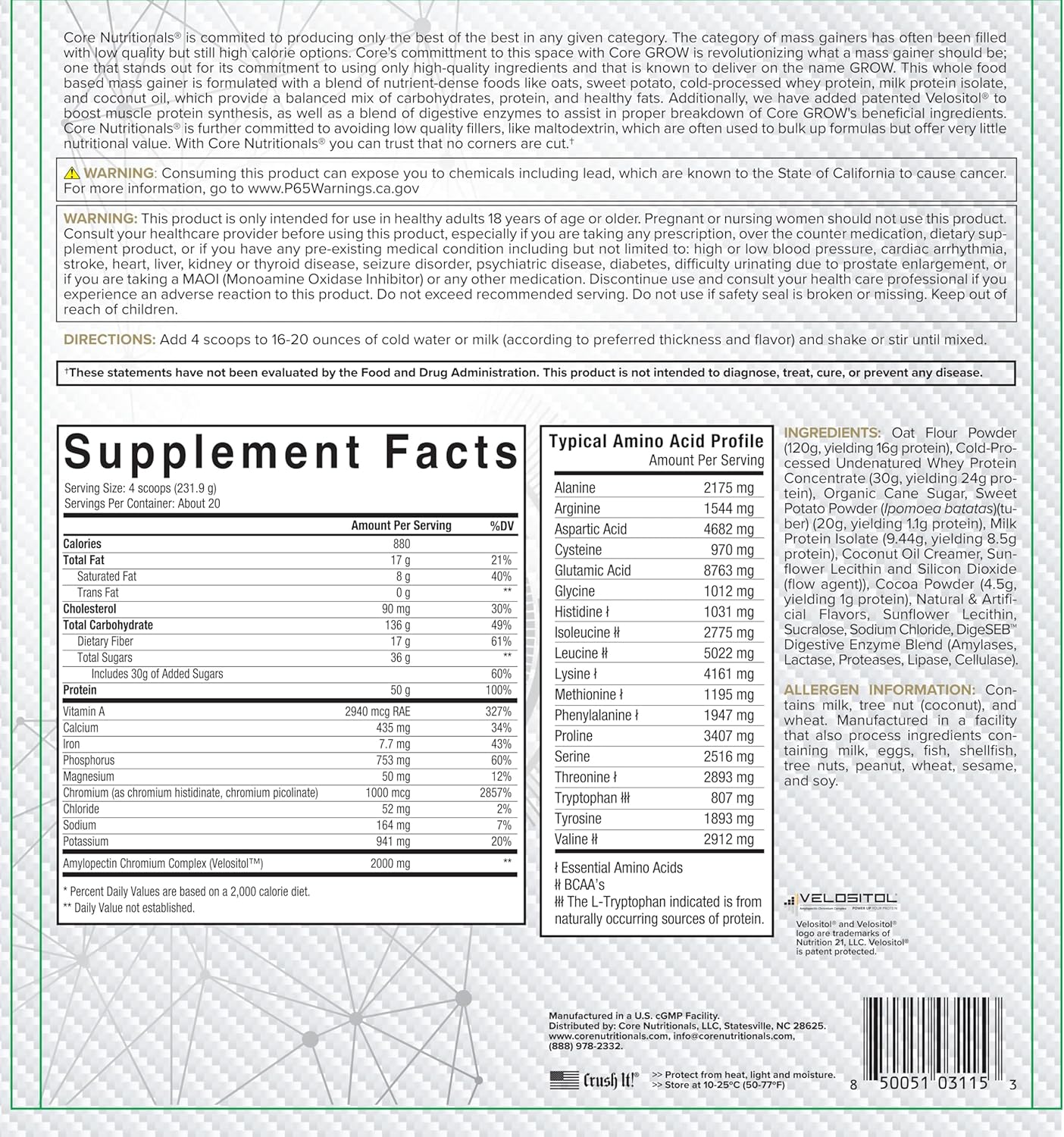 Core Nutritionals Grow Whole Food Mass Gainer - Cookies N' Cream Flavor, 10 lbs, 50g Protein, 880 Calories