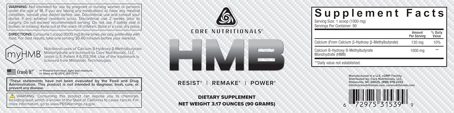 Core Nutritionals HMB Supplement - Enhanced Muscle Recovery Support for 90 Servings with 1G Dosage