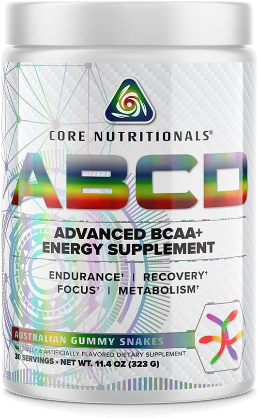 Core Nutritionals Platinum ABCD Advanced BCAA Energy Supplement - Enhances Endurance, Recovery, Focus - 30 Servings - Australian Gummy Snakes Flavor