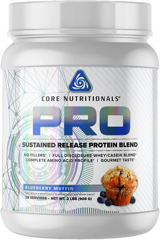 Core Nutritionals Pro Sustained Release Protein Blend with Digestive Enzyme Blend - Blueberry Muffin Flavor - 25G Protein, 2G Carb - 28 Servings