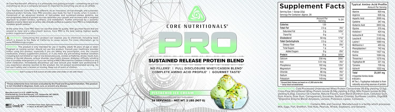 Core Nutritionals Pro Sustained Release Protein Blend with Digestive Enzymes - 25g Protein, 2g Carbs, 28 Servings - Pistachio Ice Cream Flavor
