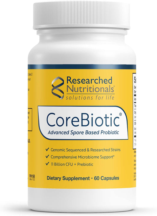CoreBiotic Gut Health Supplements for Men & Women - 3 Spore-Based Probiotic Strains + Organic Prebiotic Fiber - 60 Capsules
