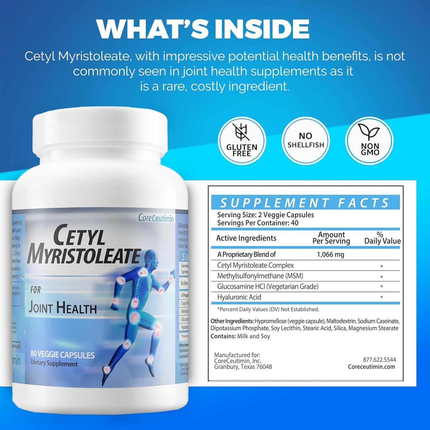 CoreCeutimin Cetyl Myristoleate Capsules with Omega 5 Fatty Acid for Joint Relief - Includes Glucosamine, MSM & Hyaluronic Acid - 80 Count