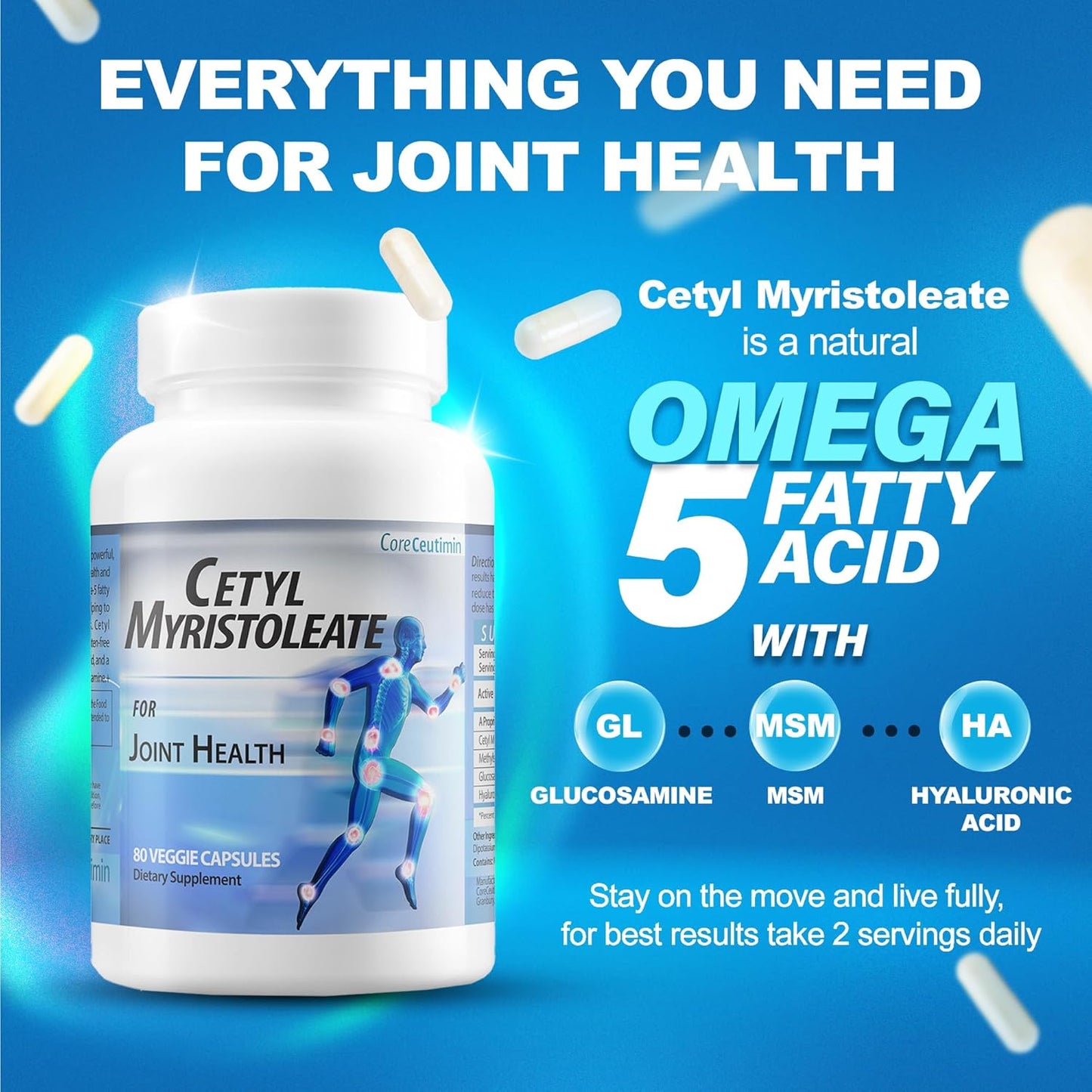 CoreCeutimin Cetyl Myristoleate Capsules with Omega 5 Fatty Acid for Joint Relief - Includes Glucosamine, MSM & Hyaluronic Acid - 80 Count