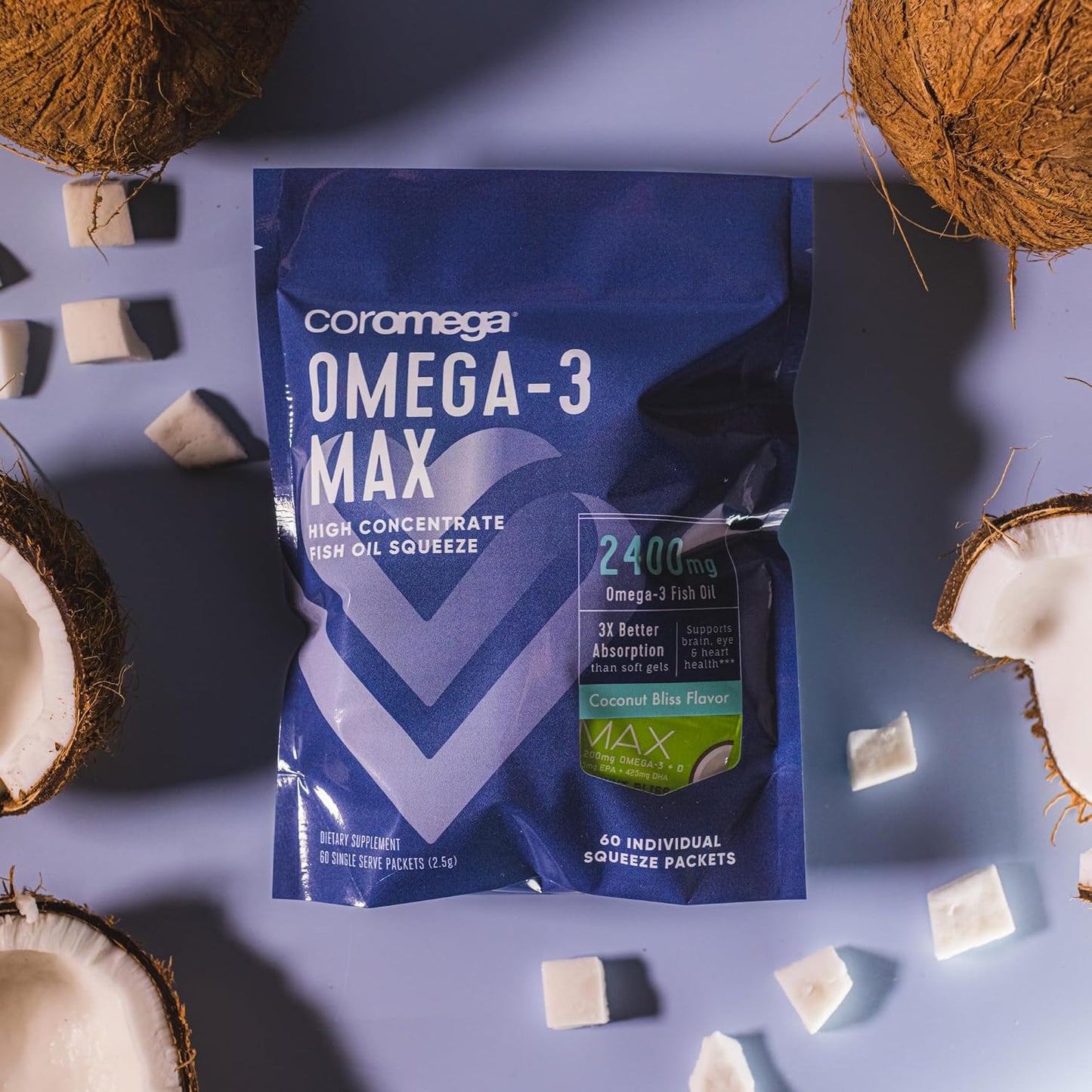 Coromega MAX 2400mg Omega-3 Fish Oil + Vitamin D Squeeze Packets - Wild-Caught, No Fishy Taste - 3X Better Absorption - Brain & Heart Health Support - 30 Servings, Coconut Bliss