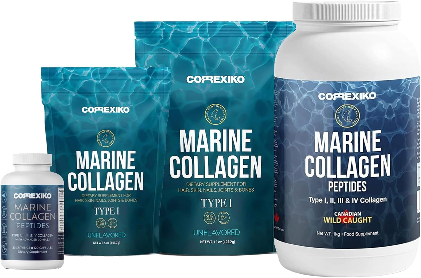 CORREXIKO Marine Collagen Bundle - 10,000mg Double Hydrolyzed Powder & 1800mg Peptides Capsules for Hair, Skin, Nails - 1kg, 15 oz, 5oz - Supplement