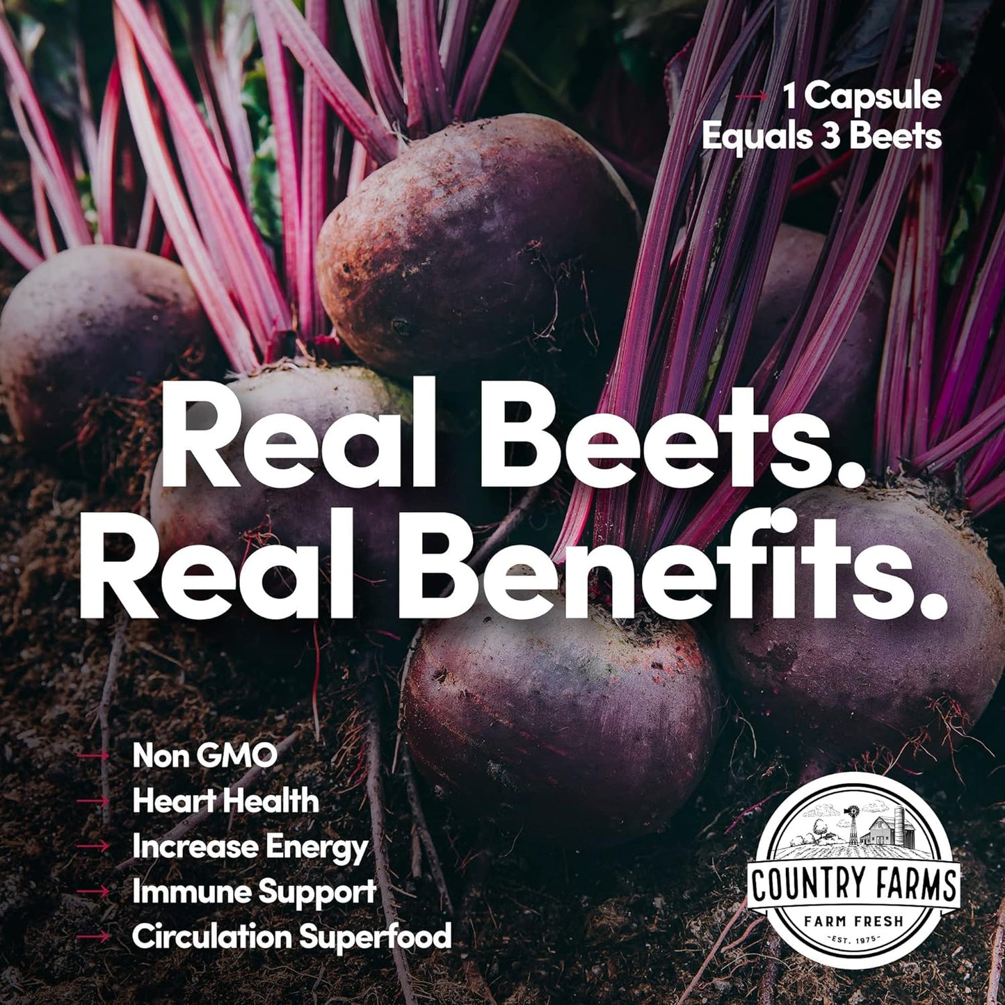 Country Farms Bountiful Beets Root Capsules - Wholefood Beet Extract Superfood for Natural Energy and Immune Support - 360 Count