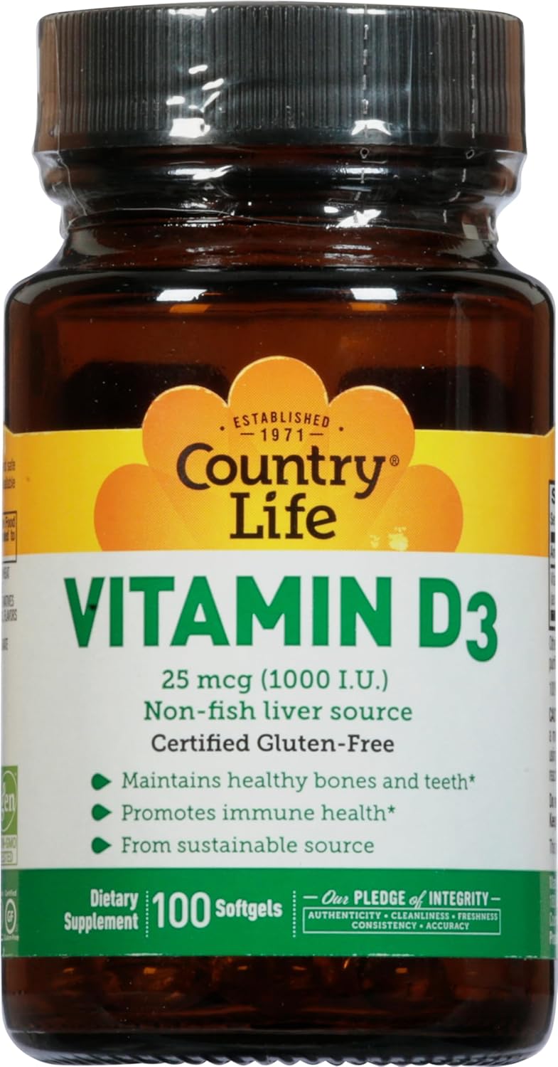 Country Life - Non-Fish Vitamin D3 Supplement 1000 IU - 100 Softgels for Bone Health and Immune Support