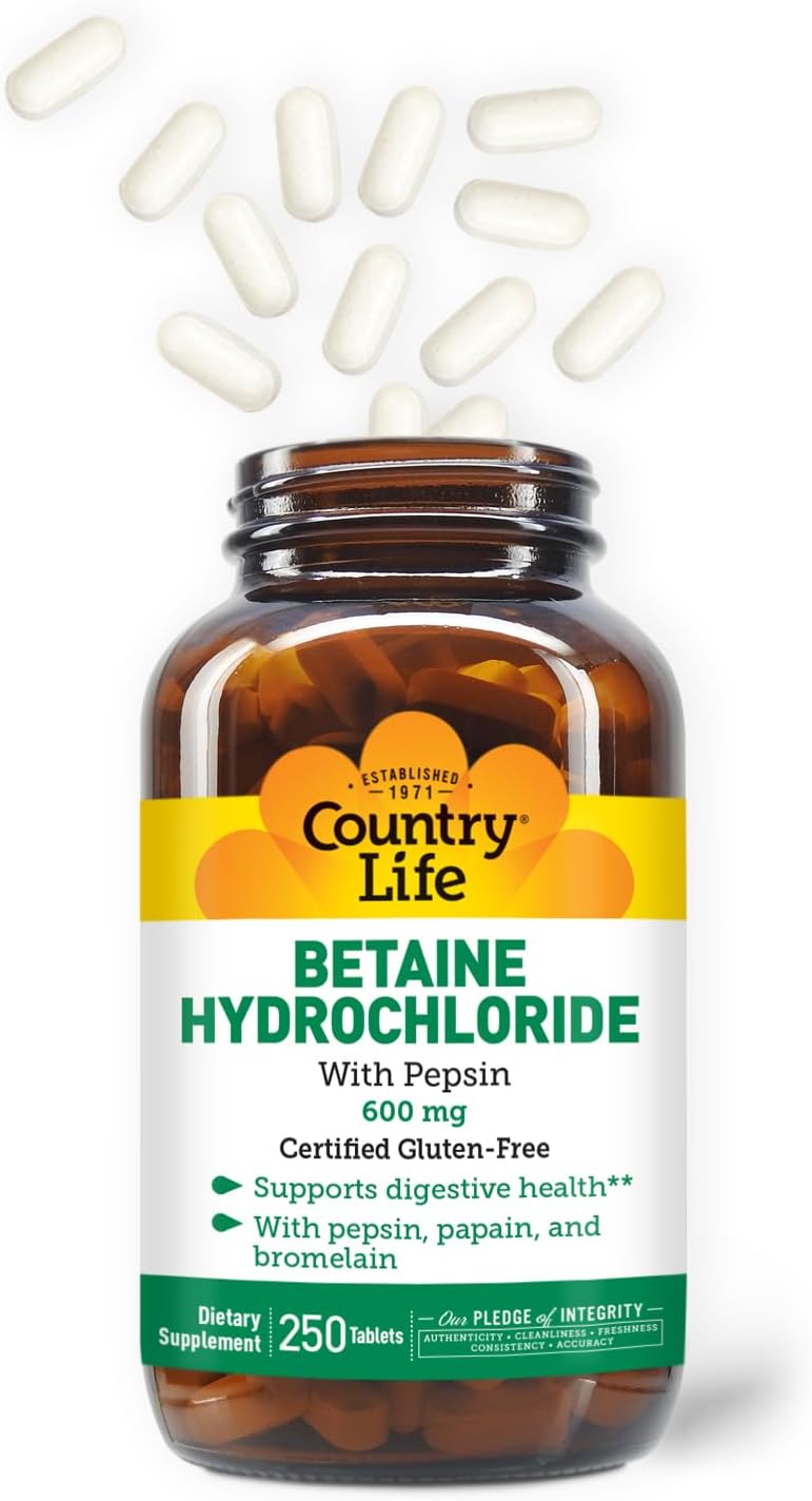 Country Life Betaine Hydrochloride with Pepsin 600mg - 250 Tablet Bottle