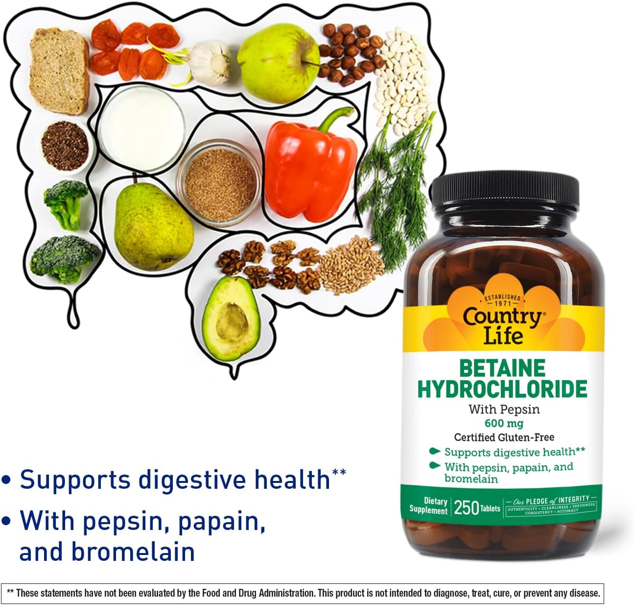 Country Life Betaine Hydrochloride with Pepsin 600mg - 250 Tablet Bottle