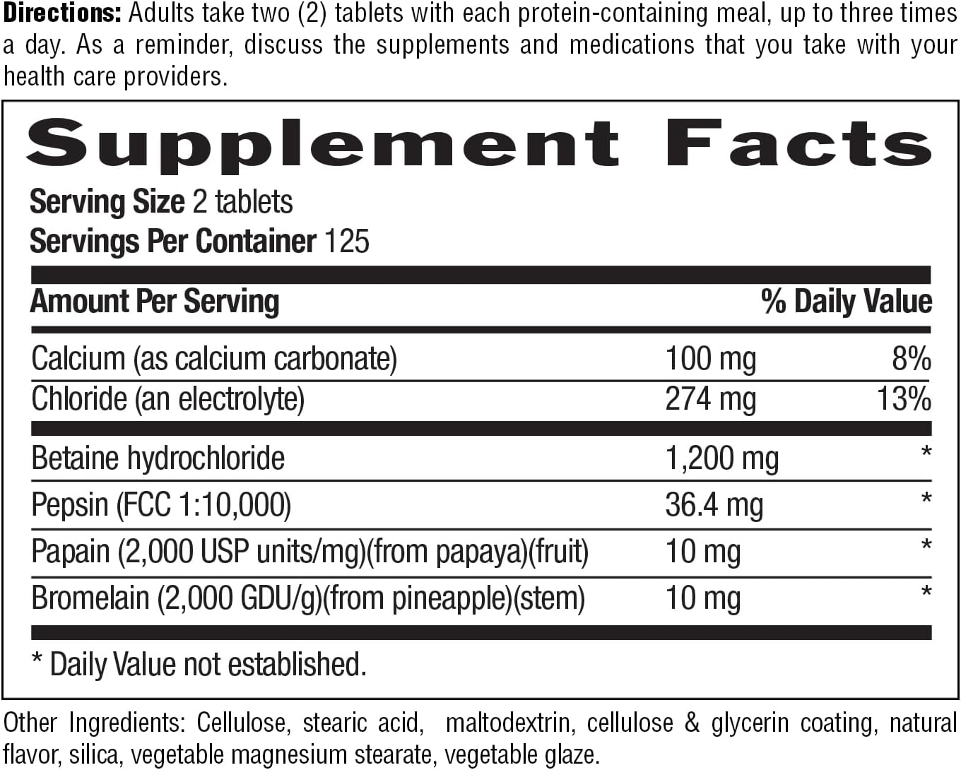 Country Life Betaine Hydrochloride with Pepsin 600mg - 250 Tablet Bottle