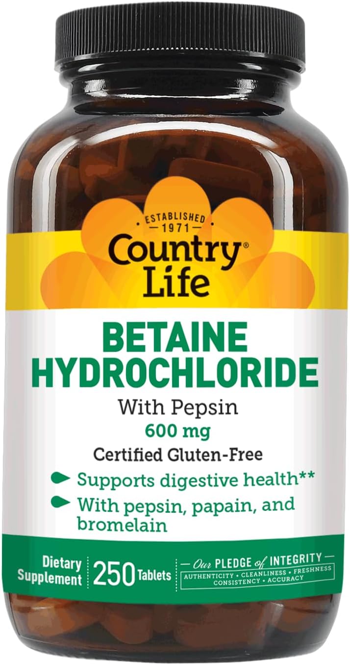 Country Life Betaine Hydrochloride with Pepsin 600mg - 250 Tablet Bottle