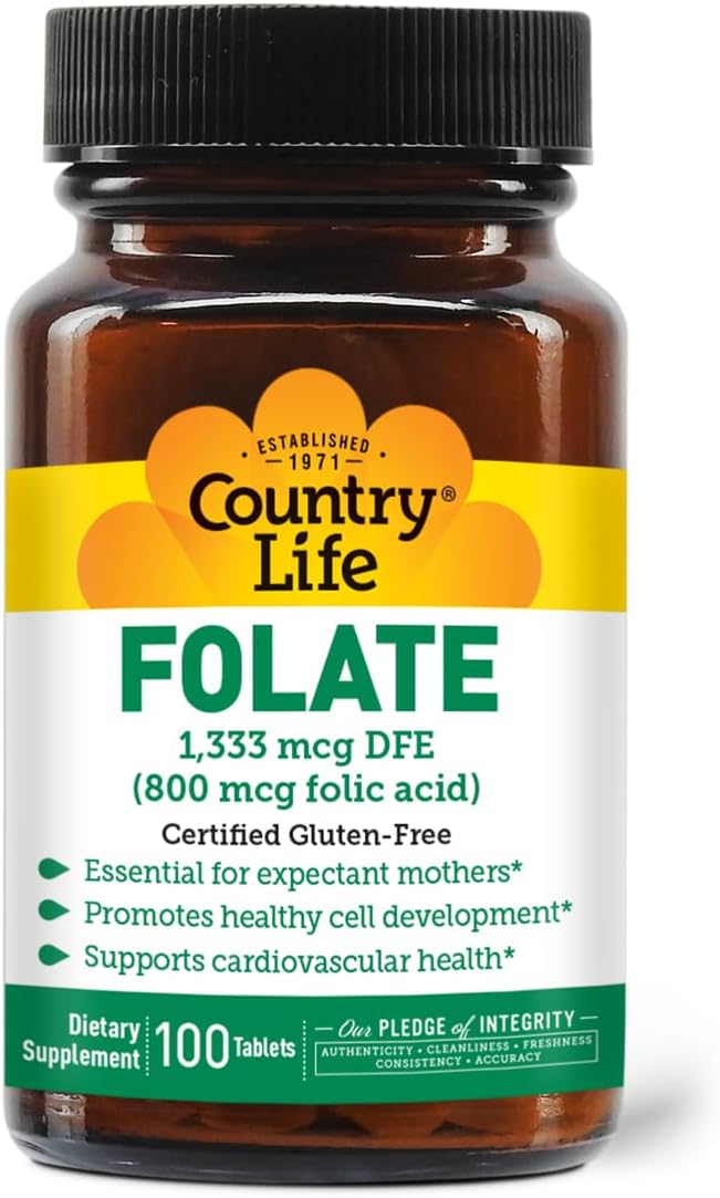 Country Life Folic Acid Supplement - 800 mcg, 100 Tablets for Healthy Living