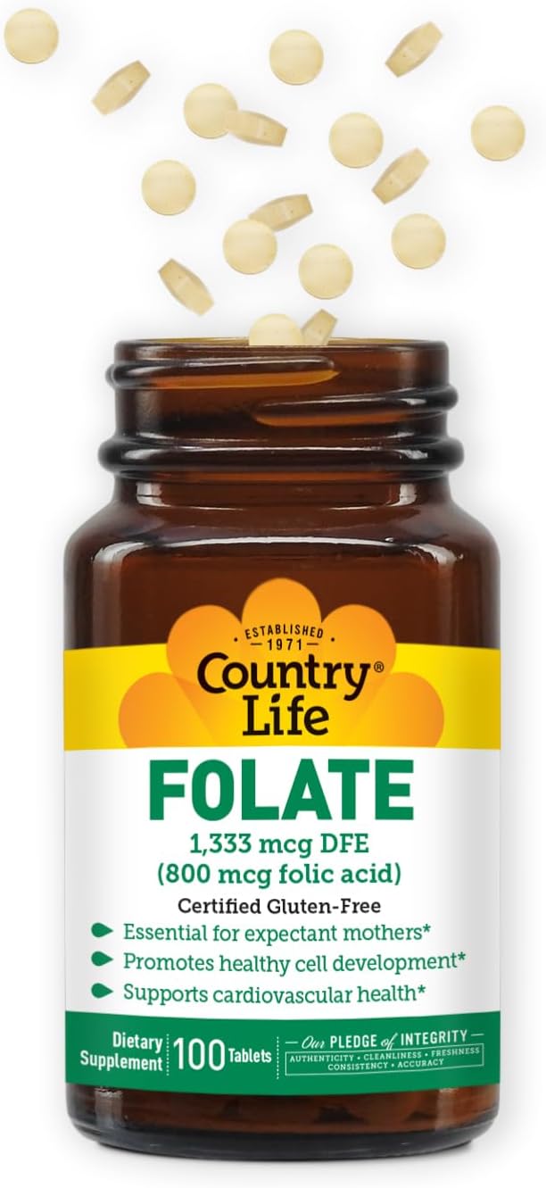 Country Life Folic Acid Supplement - 800 mcg, 100 Tablets for Healthy Living