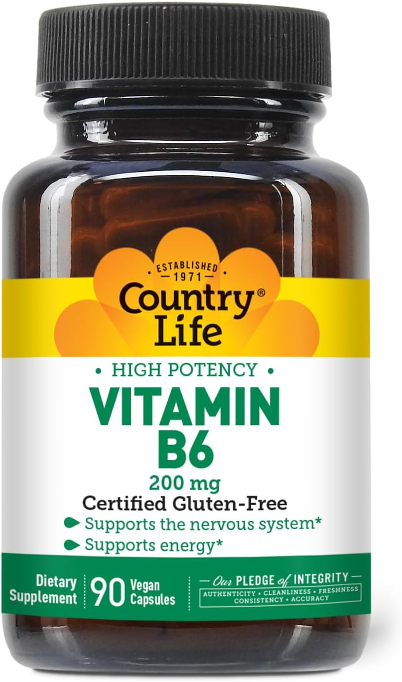 Country Life High Potency Vitamin B-6 Capsules - 200mg, 90 Vegan Capsules - Gluten Free, Vegan, Halal - Energy & Nervous System Support