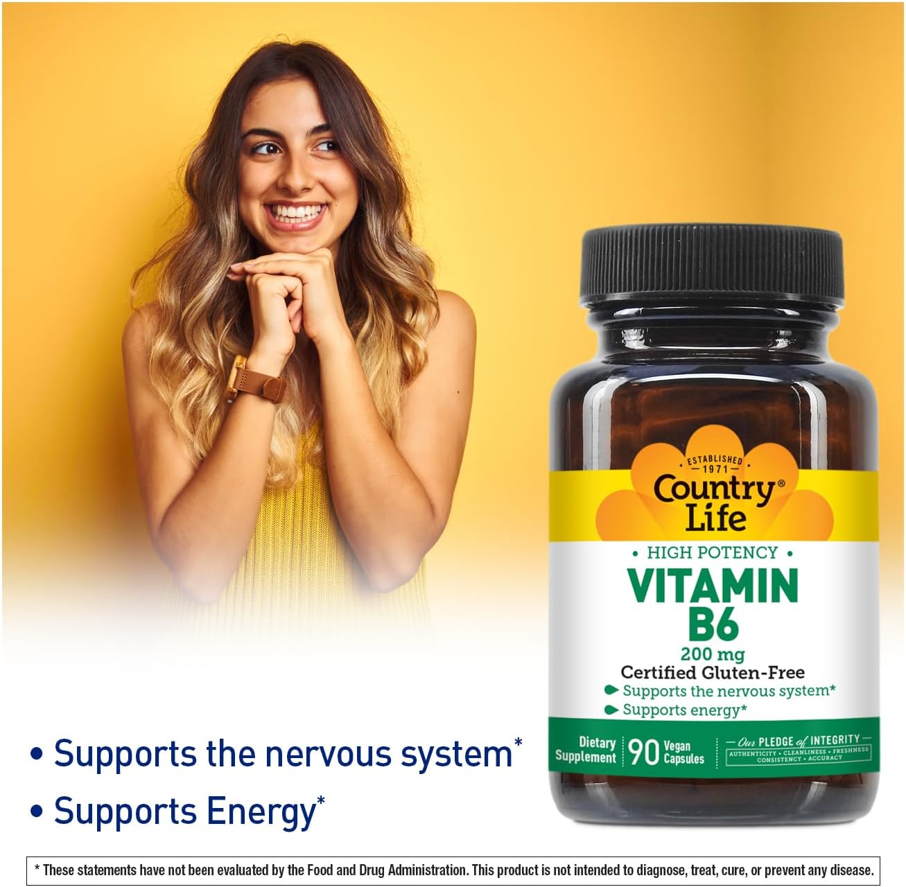 Country Life High Potency Vitamin B-6 Capsules - 200mg, 90 Vegan Capsules - Gluten Free, Vegan, Halal - Energy & Nervous System Support