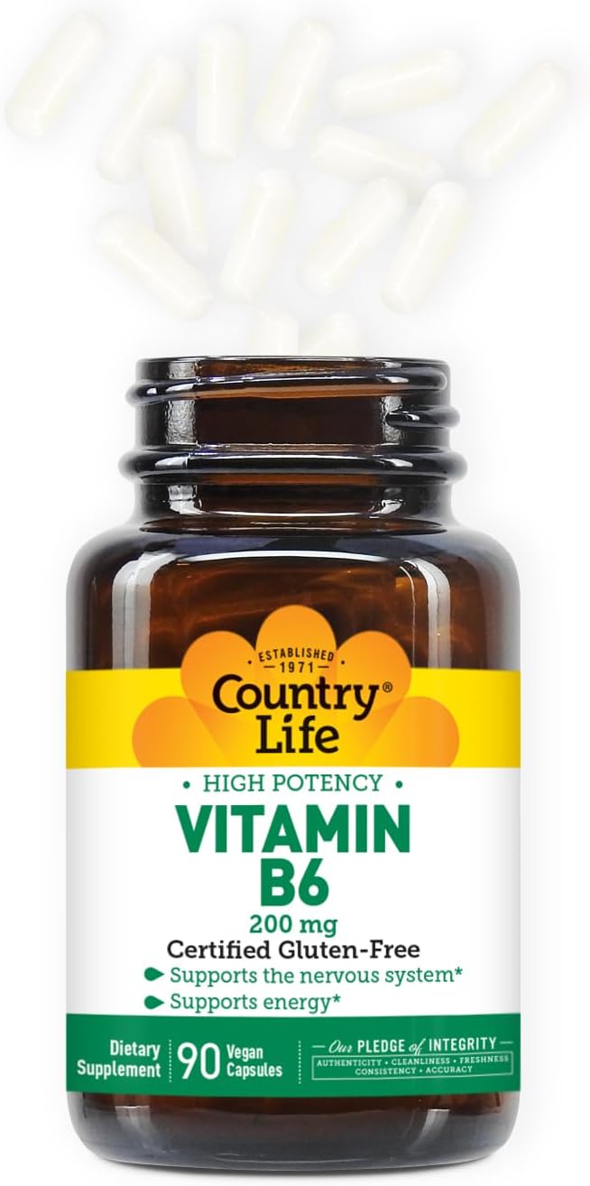 Country Life High Potency Vitamin B-6 Capsules - 200mg, 90 Vegan Capsules - Gluten Free, Vegan, Halal - Energy & Nervous System Support