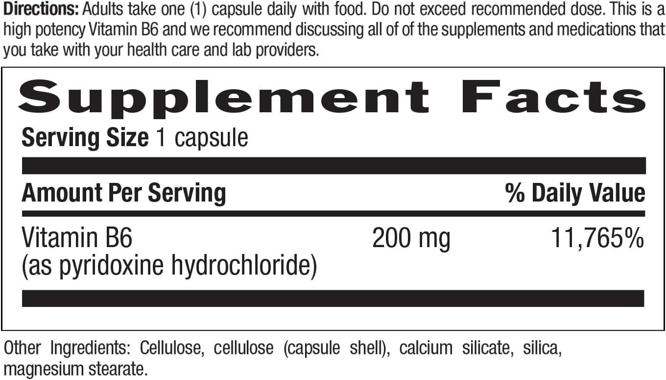 Country Life High Potency Vitamin B-6 Capsules - 200mg, 90 Vegan Capsules - Gluten Free, Vegan, Halal - Energy & Nervous System Support