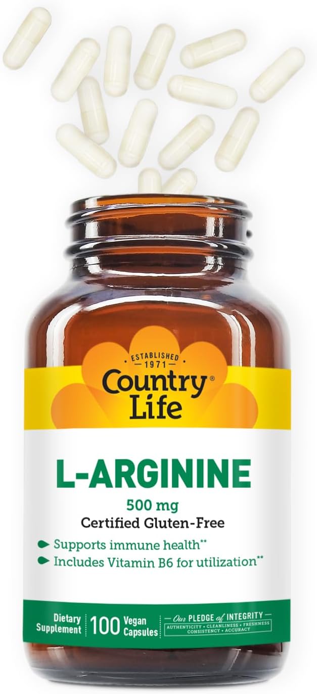 Country Life L-Arginine Capsules with Vitamin B-6 - 500mg, 100 Vegan Capsules - Gluten-Free & Vegan Certified