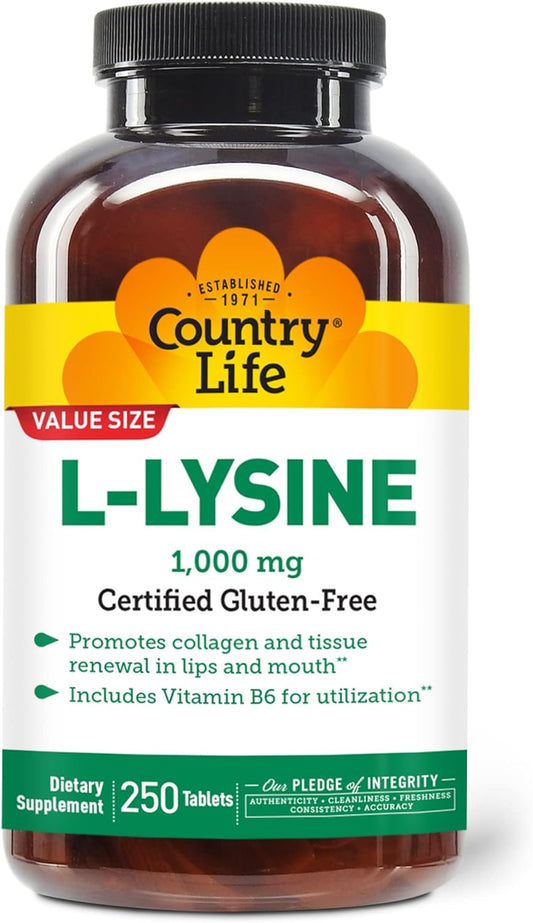 Country Life L-Lysine 1000mg with B-6 - Immune Health & Collagen Support - 250 Count - Gluten Free & Vegan - Lips & Mouth Renewal