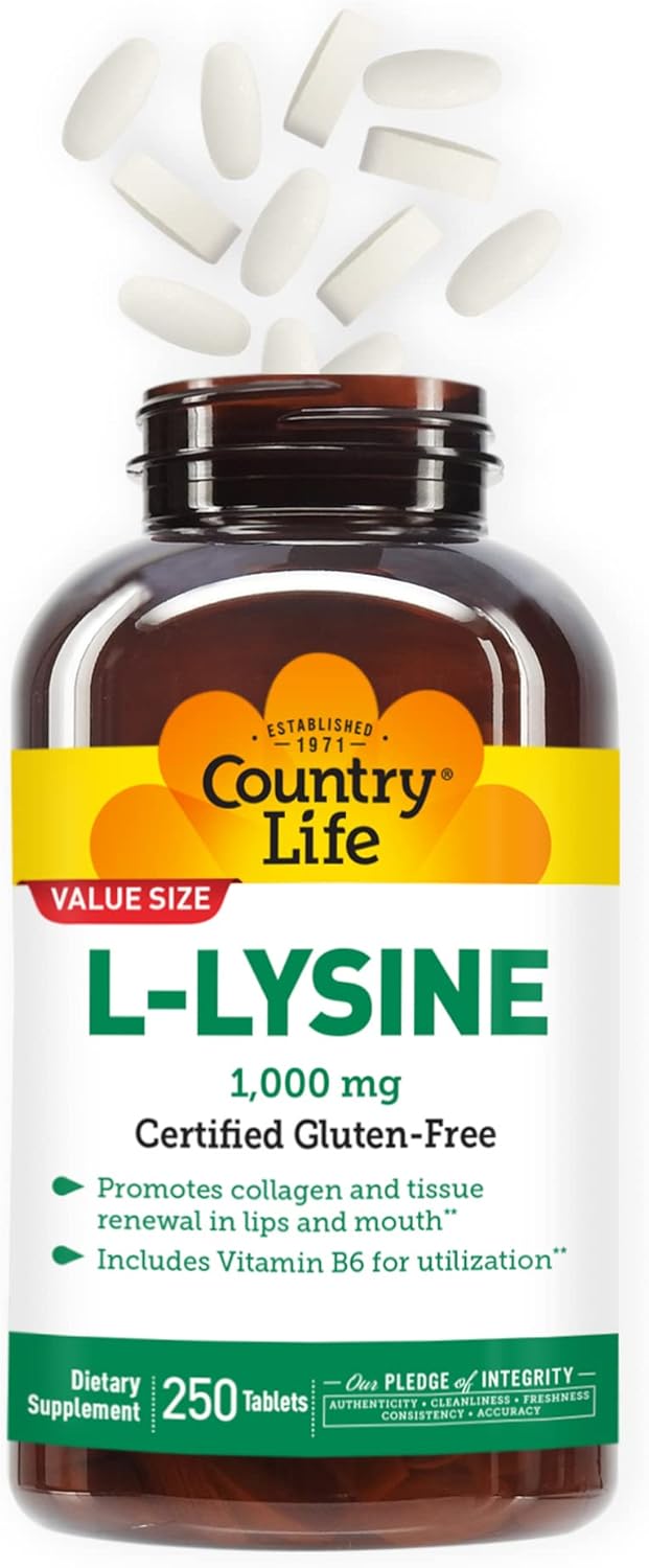 Country Life L-Lysine 1000mg with B-6 - Immune Health & Collagen Support - 250 Count - Gluten Free & Vegan - Lips & Mouth Renewal