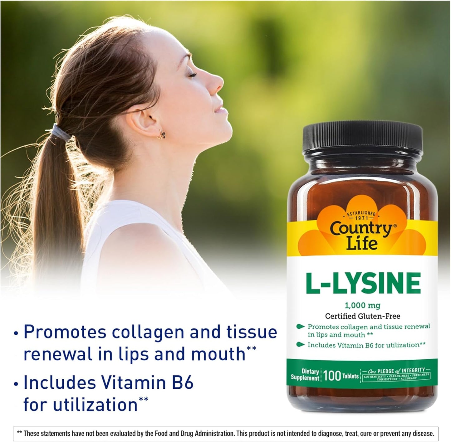 Country Life L-Lysine 1000mg with B-6 - Immune Health & Collagen Support - 250 Count - Gluten Free & Vegan - Lips & Mouth Renewal