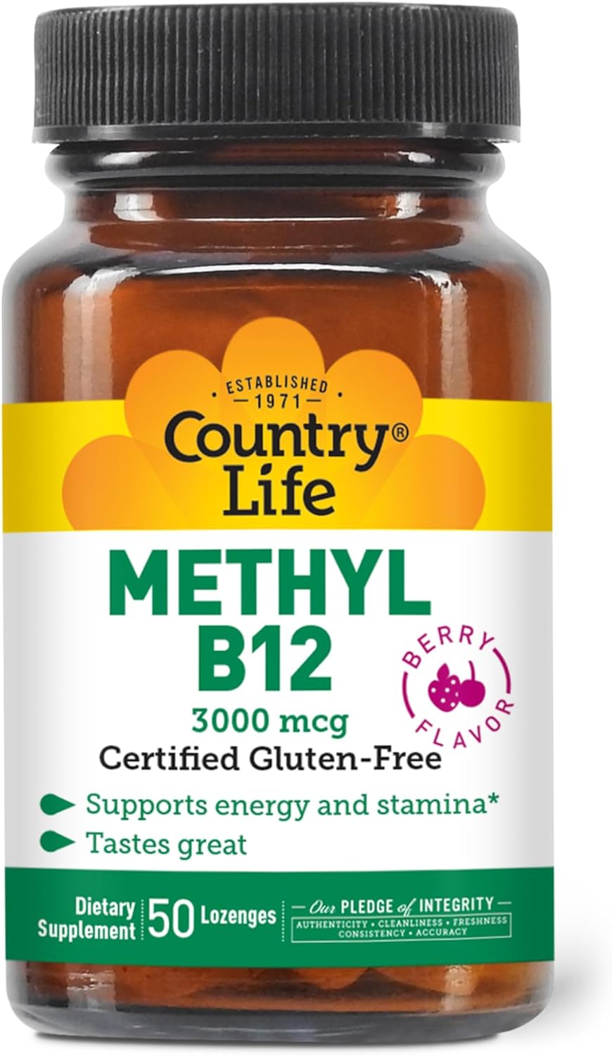 Country Life Methyl B-12 3000 mcg Lozenges - Vegan Energy Boost with Methylcobalamin - Supports Stamina, Metabolism - 50 Count