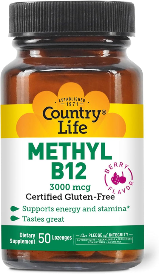 Country Life Methyl B-12 3000 mcg Lozenges - Vegan Energy Boost with Methylcobalamin - Supports Stamina, Metabolism - 50 Count