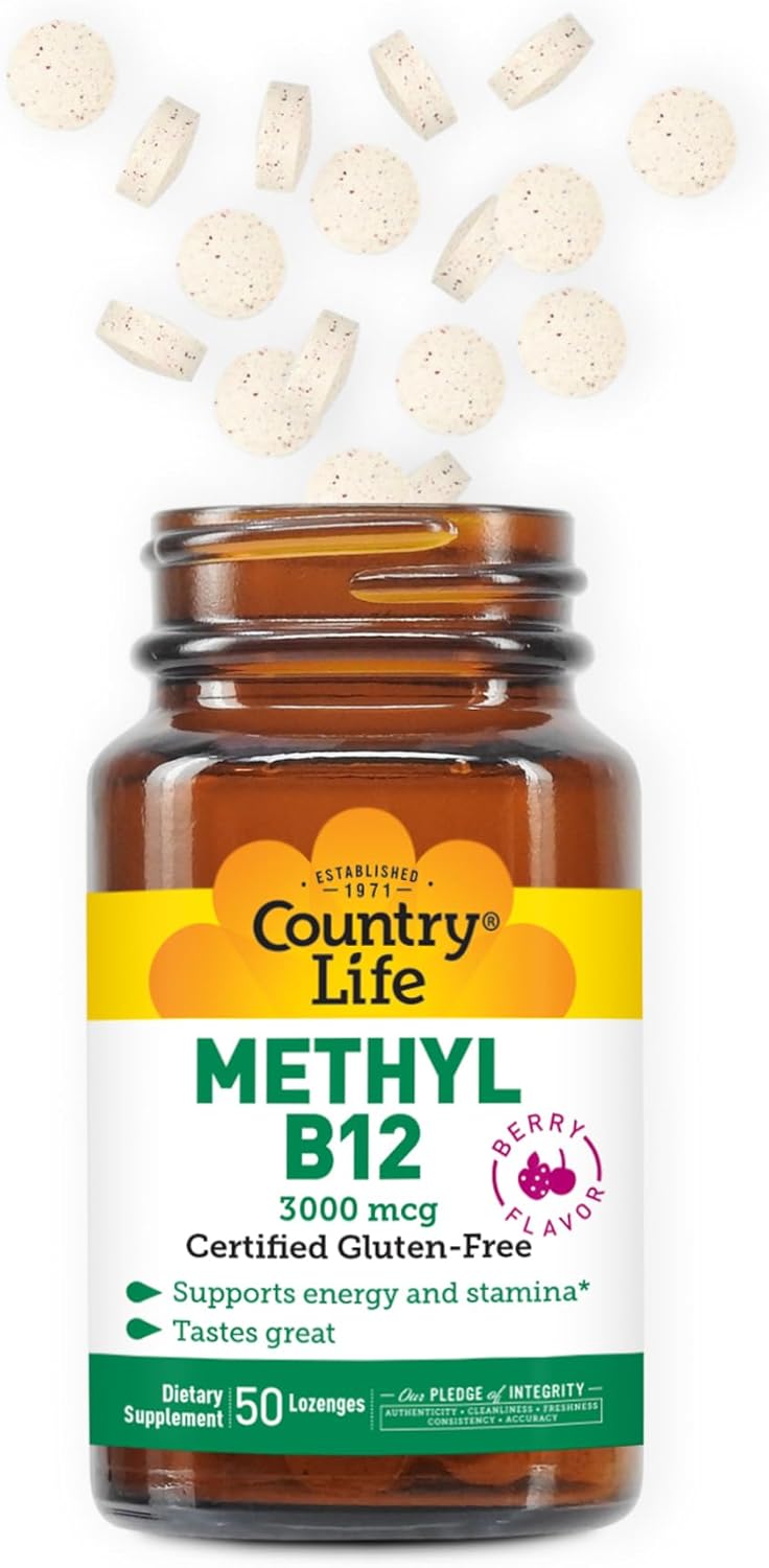 Country Life Methyl B-12 3000 mcg Lozenges - Vegan Energy Boost with Methylcobalamin - Supports Stamina, Metabolism - 50 Count