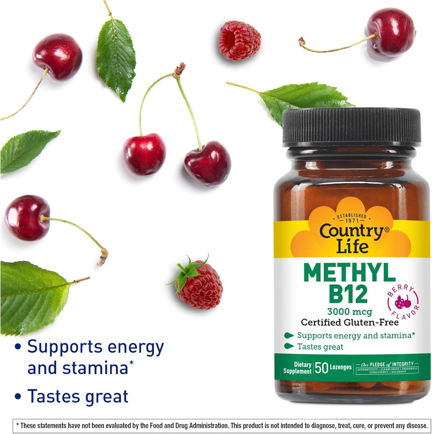 Country Life Methyl B-12 3000 mcg Lozenges - Vegan Energy Boost with Methylcobalamin - Supports Stamina, Metabolism - 50 Count