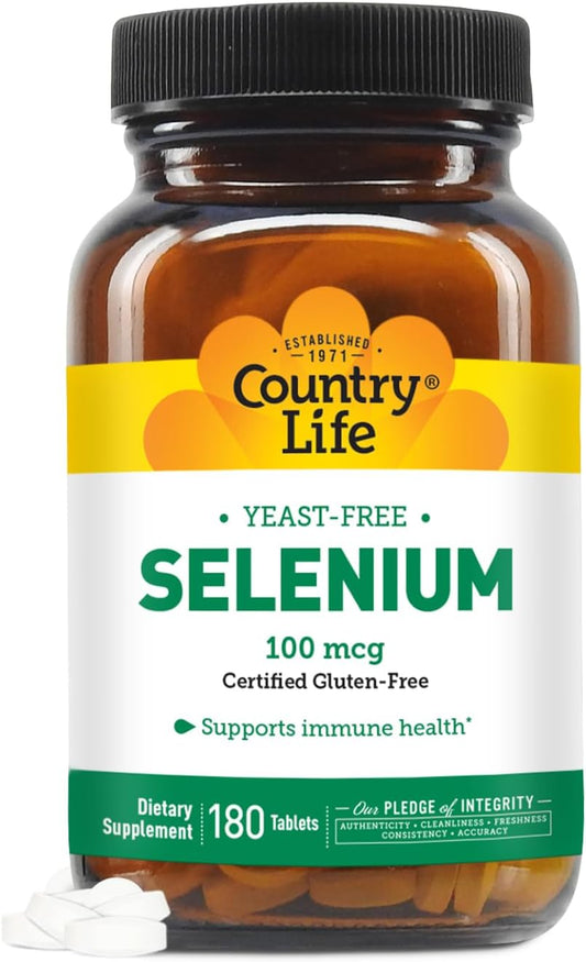 Country Life Selenium 100mcg Tablets - Yeast Free, Supports Immune Health - Certified Gluten Free, Vegan, Halal - 180 Count