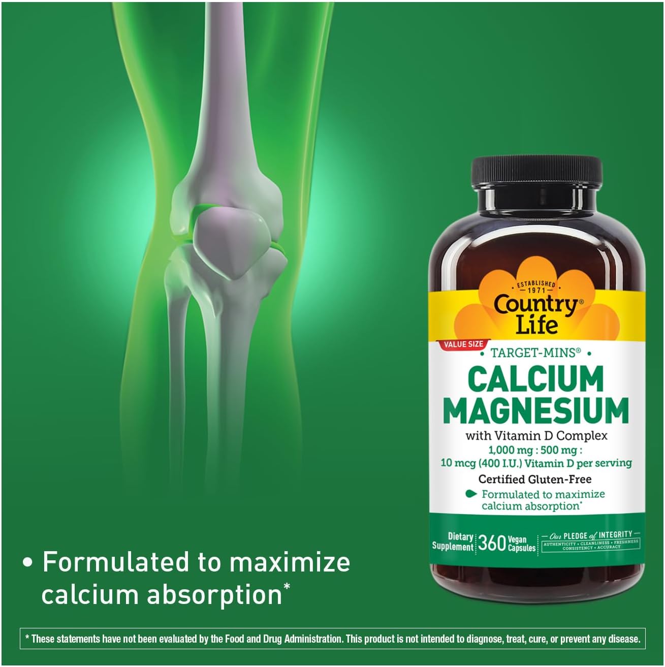 Country Life Target-Mins Calcium Magnesium with Vitamin D Complex, 1000mg/500mg/10mcg, 360 Vegan Capsules - Gluten Free, Vegan, Non-GMO