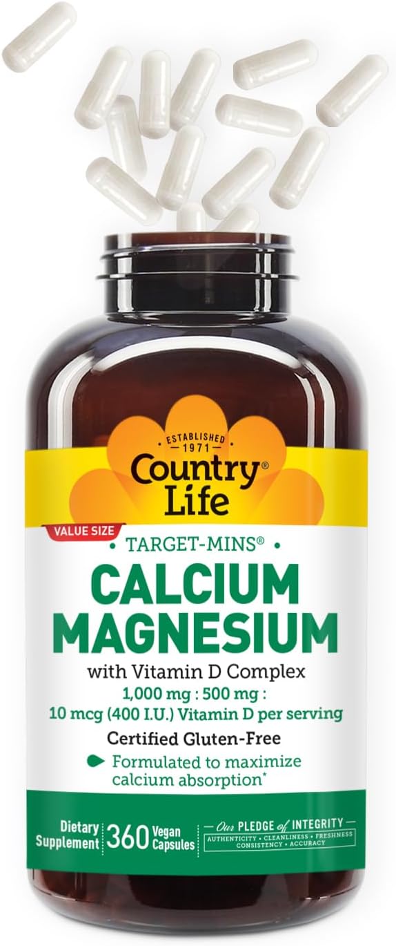 Country Life Target-Mins Calcium Magnesium with Vitamin D Complex, 1000mg/500mg/10mcg, 360 Vegan Capsules - Gluten Free, Vegan, Non-GMO
